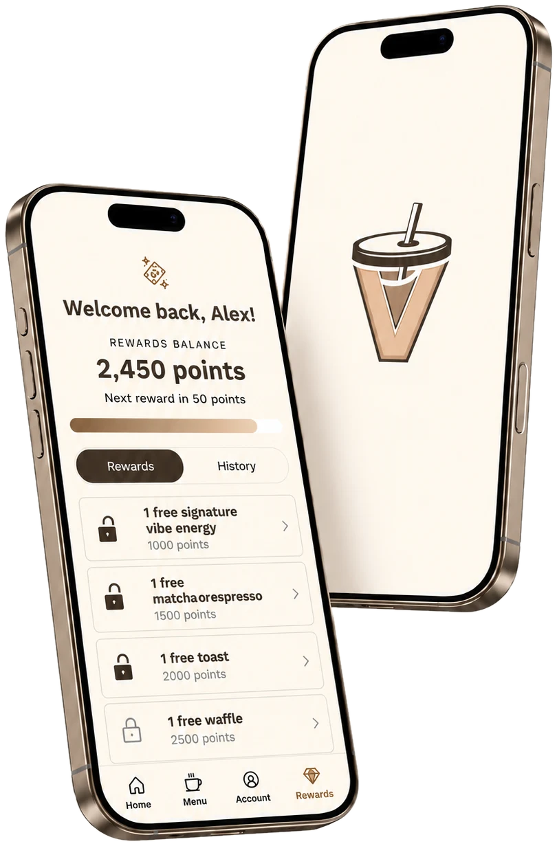 The Drink The Vibe app: a Vibe Rewards screen with points and rewards, next to a phone showing The Vibe logo